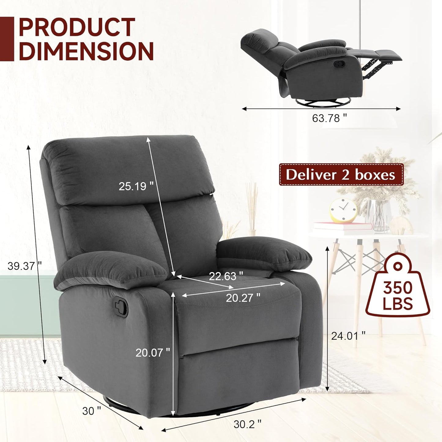 Swivel Rocker - Small Recliner for Small Spaces with Overstuffed Arms and Back, Manual Swivel Recliner Chair with Ultra-Soft Velvet for Living Room, Nursery, Bedroom, Dark Gray