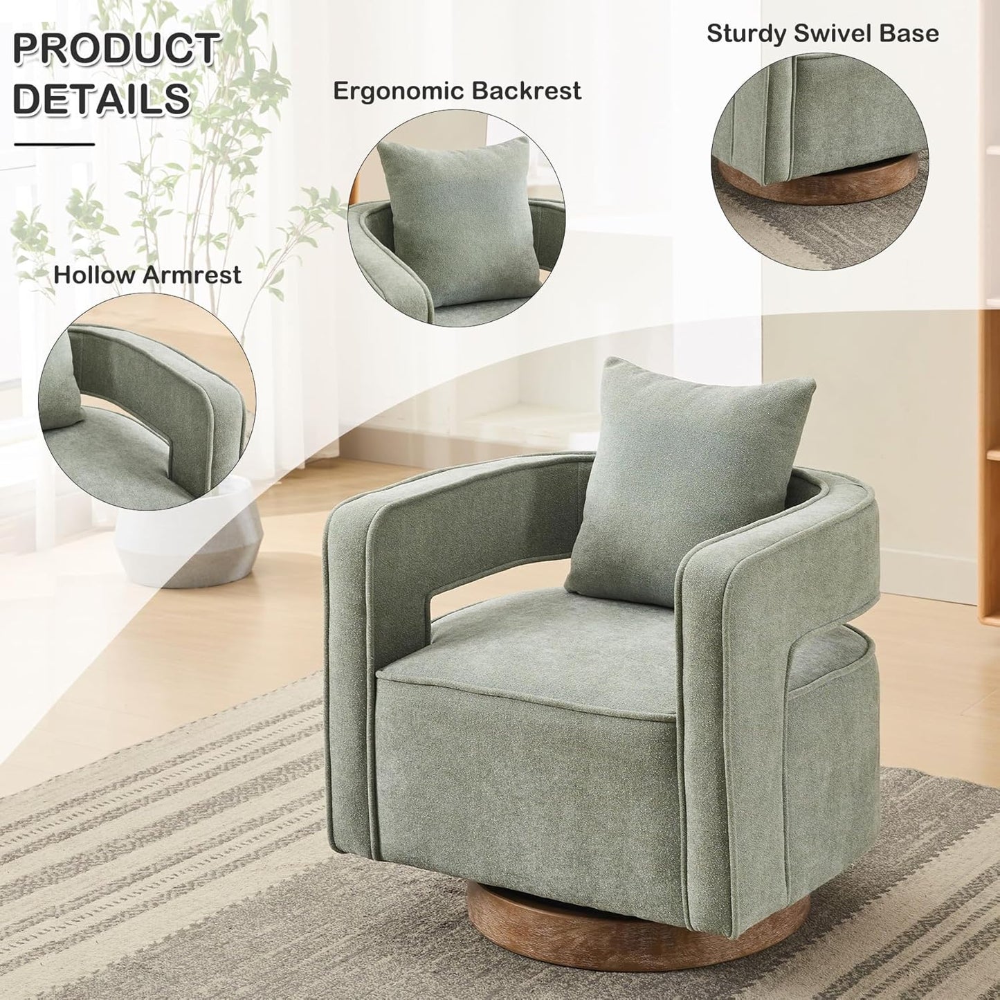 Swivel Accent Chair Set of 2, Modern Swivel Barrel Chair for Living Room, 360 Degree Comfy Square Accent Chair with Open Back, Upholstered Armchair for Bedroom,Reading, Linen Blend, Pale Green