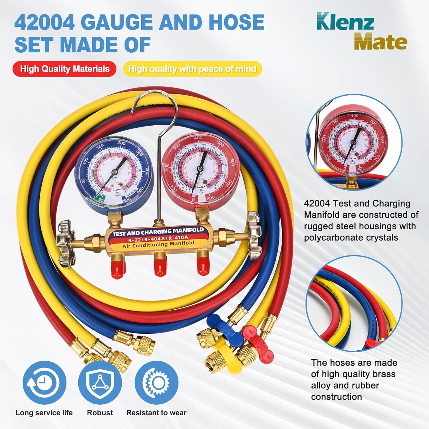 42004 Test and Charging Manifold with 3-1/8" (80 mm) Gauges, 1/4" Standard Flare Fitting, HVAC Color-Coded Gauges with 60" Hoses, 2-Valve, HVAC Manifold for R-22/404A/410A, Yellow/Red/Blue