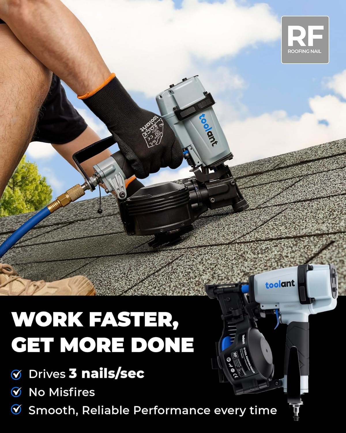 toolant Roofing Nailer, Pneumatic Roofing Nail Gun for 3/4" to 1-3/4" Nails, 120 Coil Capacity, 70-120 PSI, 15 Degree, Heavy Duty Roofing Tool for Asphalt Roofing Shingles, Fencing, and Wood Siding
