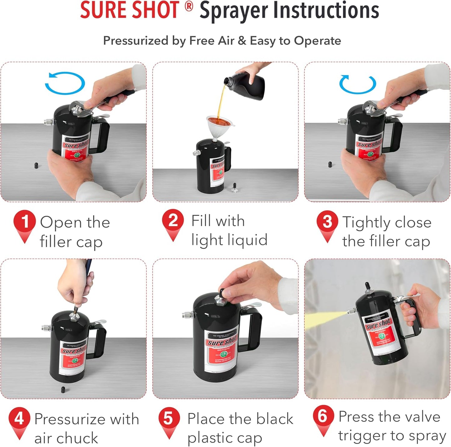 SURE SHOT A1002 1-Quart Non Aerosol Sprayer - Refillable Pressurized Sprayer Can for Oil, Solvent, Degreasers, Lubricants - Rechargeable Steel Canister with Adjustable Nozzles - Made in the USA - 32oz