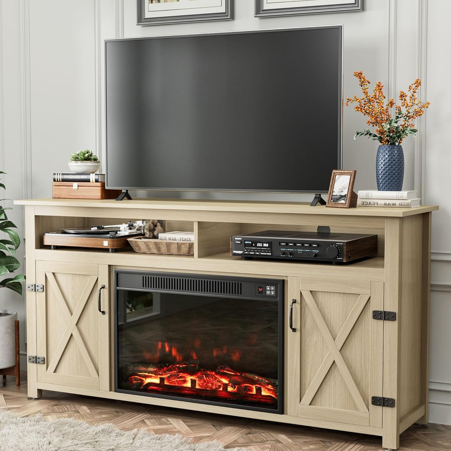 YESHOMY Farmhouse TV Stand for Televisions up to 65 Inches, Sliding Barn Doors and Storage Cabinets, Console Table and Media Furniture for Living Room, 58 Inch, Milk White