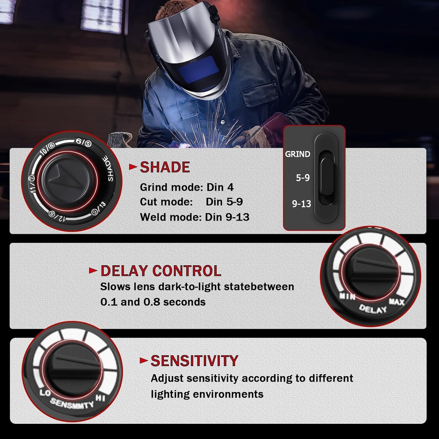 Welding Helmet Auto Darkening True Color Large Viewing, Welding Hood Solar/Battery Powered, Wide Shade 4/5-13 with 4 Arc Sensor, 1/1/1/1 Optical Clarity Welder Mask for TIG MIG Stick Cut Grind