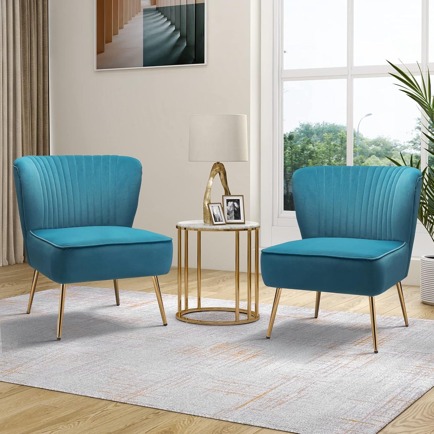 TINA'S HOME Velvet Accent Chair Set of 2 with Metal Golden Legs, Upholstered Armless Slipper Chair with Wingback, Mid Century Side Chair for Living Room Bedroom Makeup Vanity- Red