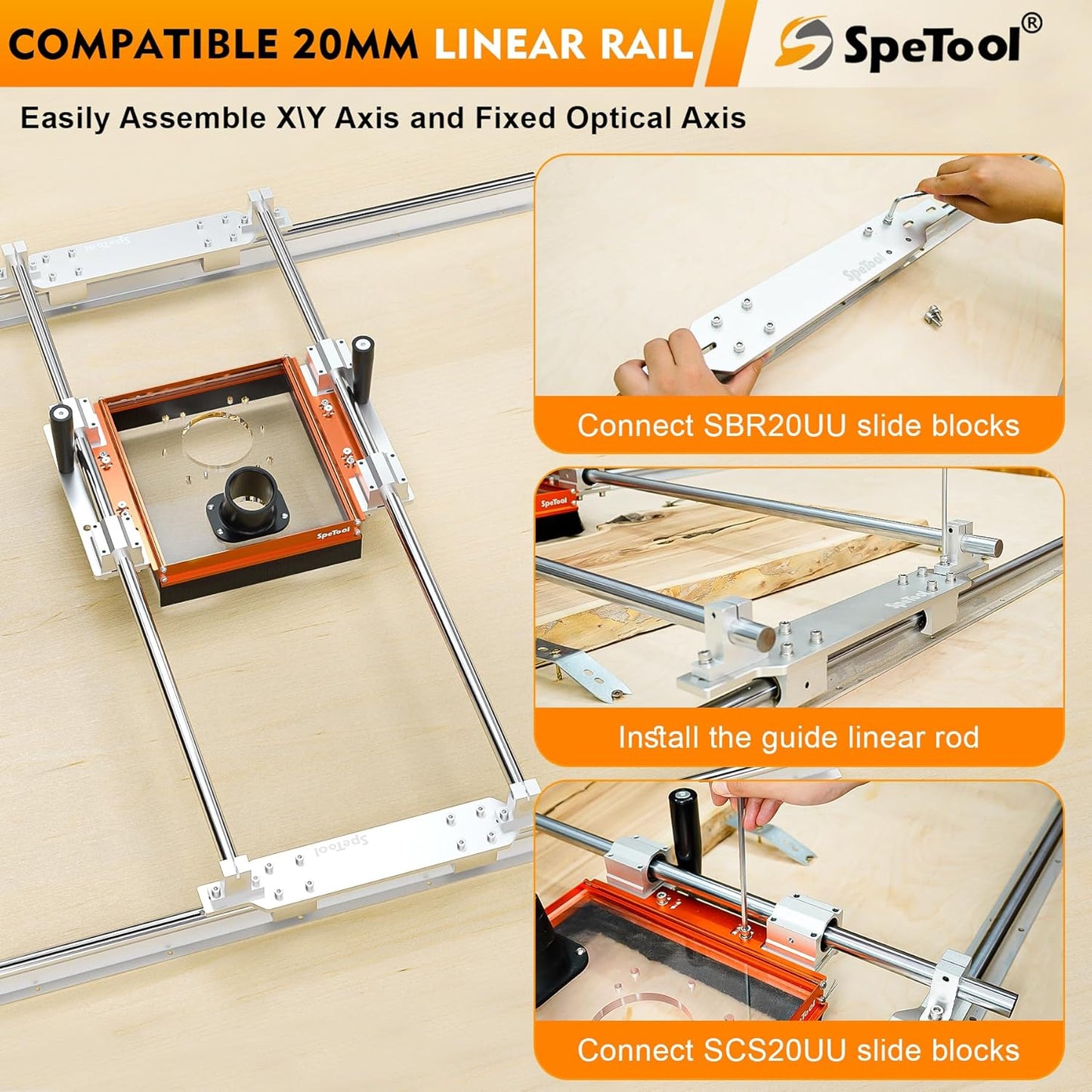 SpeTool Linear Rail Router Sled Slide Connector with Dust Collection, Fit for SBR20UU and SCS20UU Linear Rails, with Acrylic Router Plate Compatitable with Multiple Routers