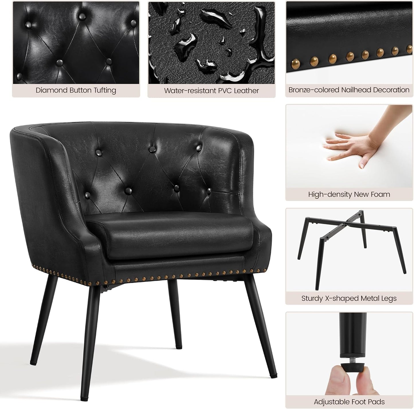 Topeakmart Mid-Century Modern Faux Leather Barrel Chair, Button Tufted Accent Armchair with Metal Leg, Recessed Armrest and Loose Seat Cushion for Living Room Bedroom, Black, 2pcs