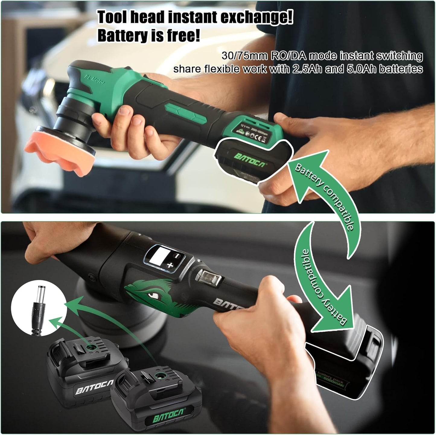 BATOCA S4 Cordless Polisher 3"/1" DA/RO Polisher- Brushless Motor & S2 Cordless Car Buffer - LED Display, 5Ah+2.5Ah Interchangeable Batteries for Car Detailing, Headlight Restoration, PRO Combo Kit