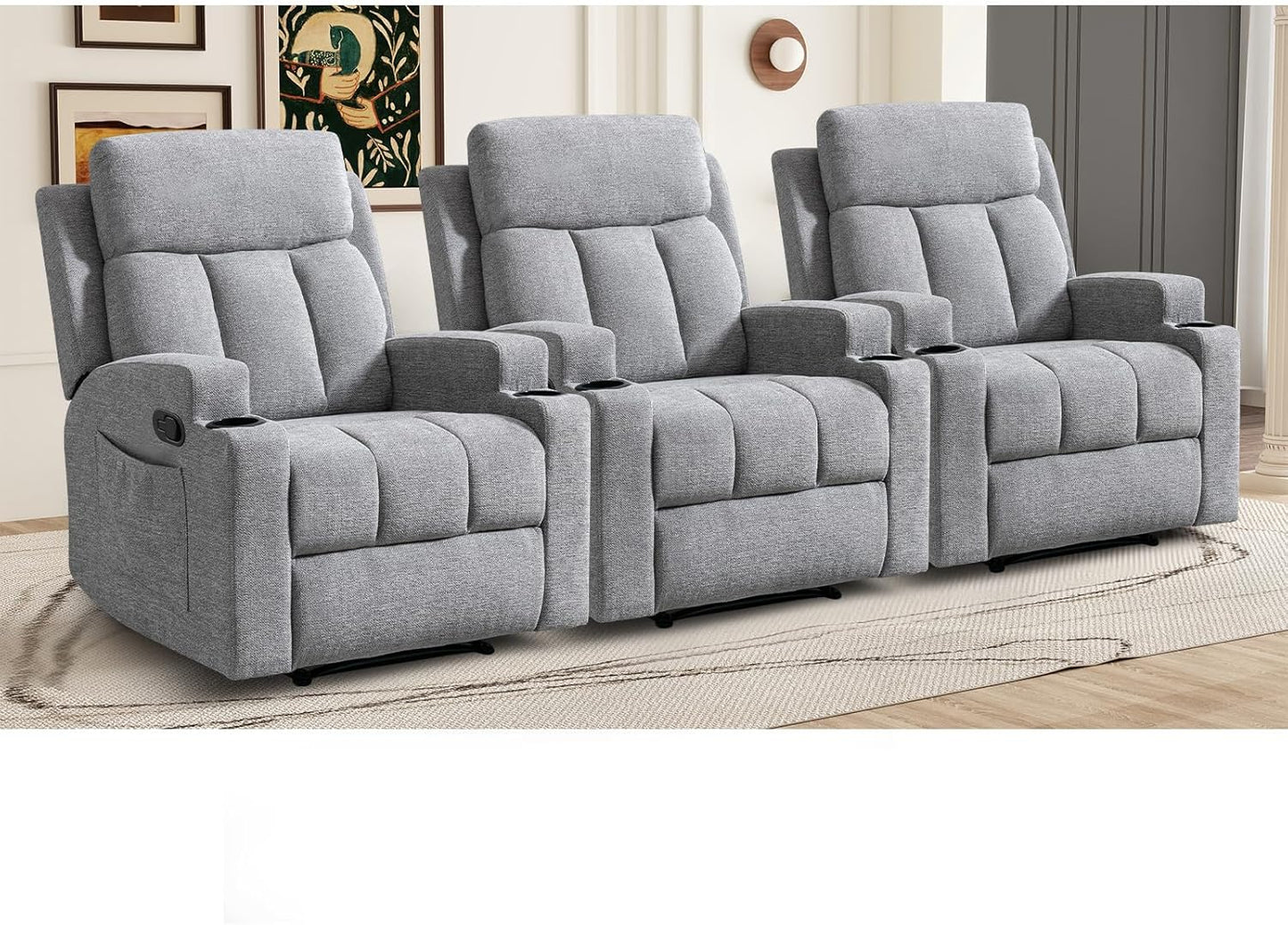 CANMOV Manual Recliner Chair with Massage and Heat,Soft Fabric Recliner Chair with Overstuffed Armrest and Backrest, Manual Reclining Single Sofa with 2 Cup Holders, Side Pocket for Living Room,Grey