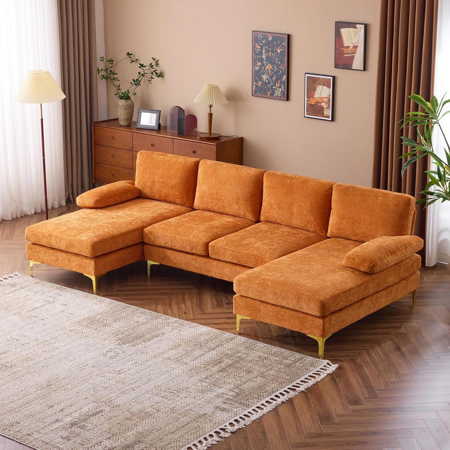 VINGLI 110" Sectional Couches for Living Room,U Shaped Couch with Double Chaise, 4-Seat Sofa Set with Chenille Fabric for Home Furniture,Beige