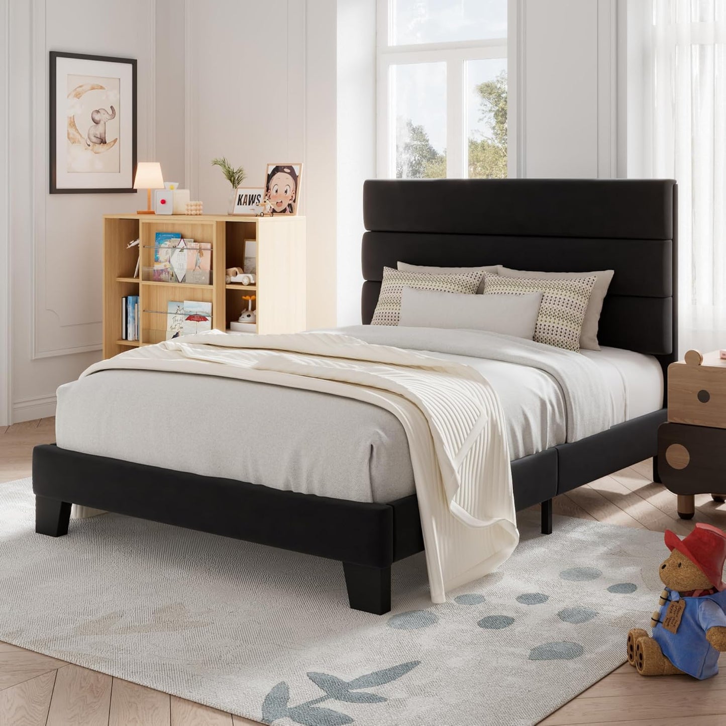 Allewie Queen Size Platform Bed Frame with Fabric Upholstered Headboard and Wooden Slats Support, Fully Upholstered Mattress Foundation/No Box Spring Needed/Easy Assembly, Dark Grey