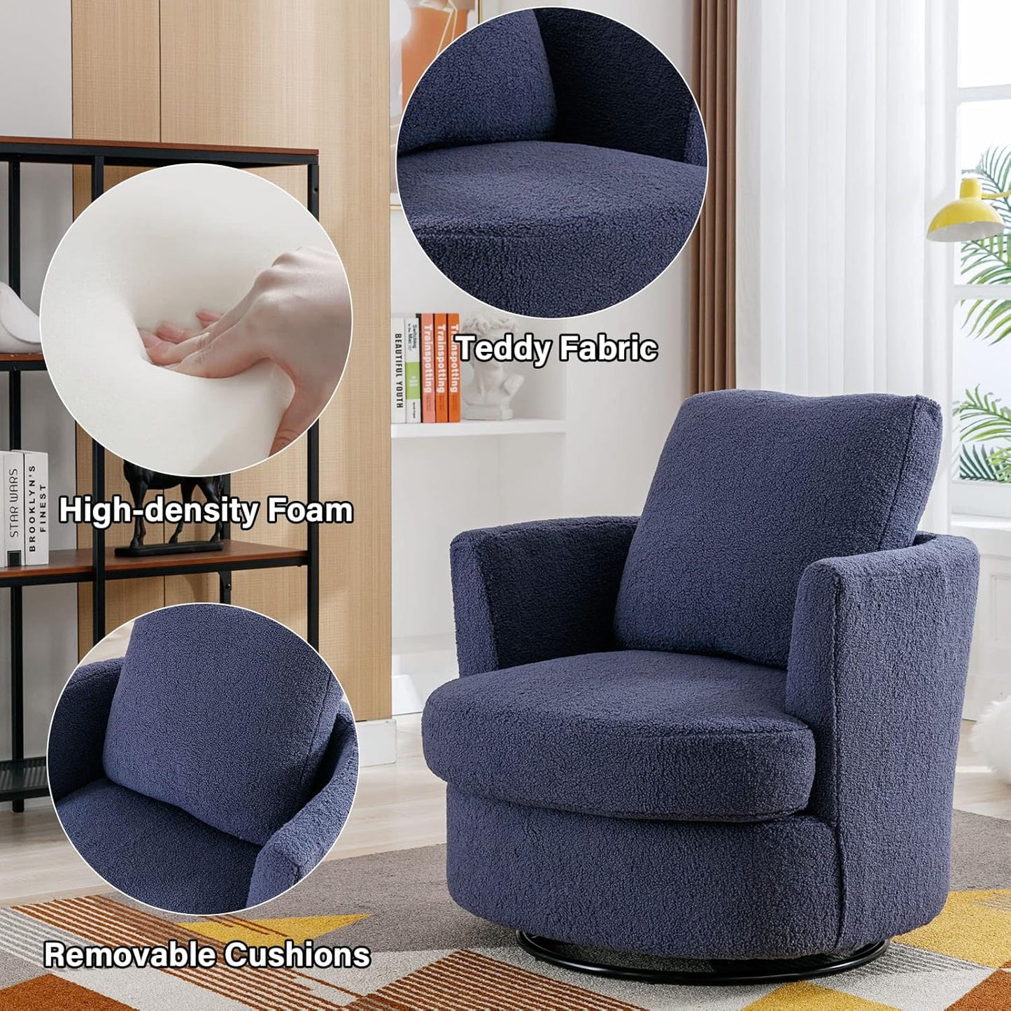 Swivel Accent Chair Set of 2,Teddy Sherpa Round Swivel Barrel Chairs for Living Room Upholstered Modern 360 Degree Swivel Club Chair Comfy Armchair for Nursery Bedroom Office(Dark Blue)