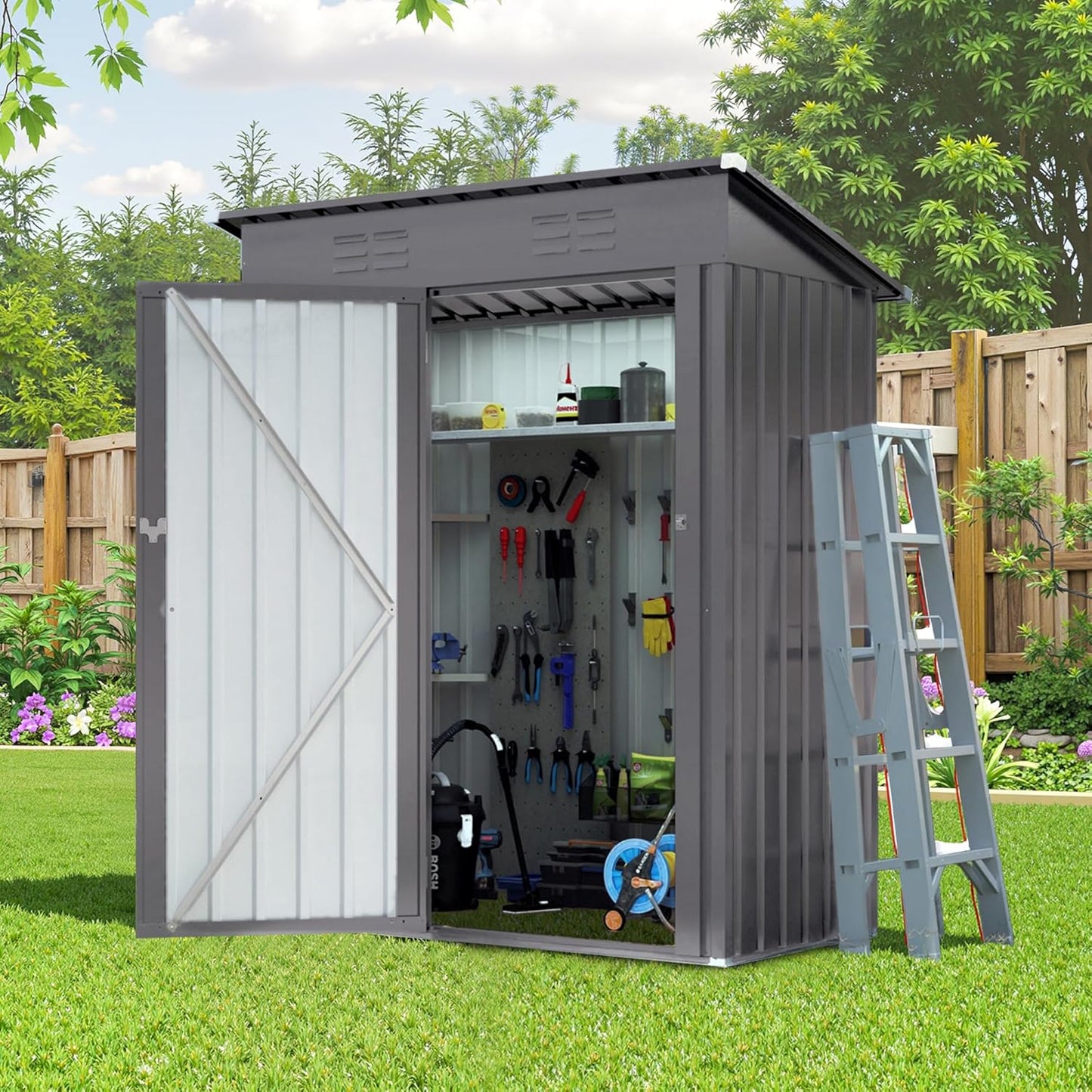 5X3 FT Outdoor Metal Storage Shed, Tool Shed with Peaked Roof and Lockable Door, Compact Garden Shed for Backyard Garden Patio Lawn, Gray