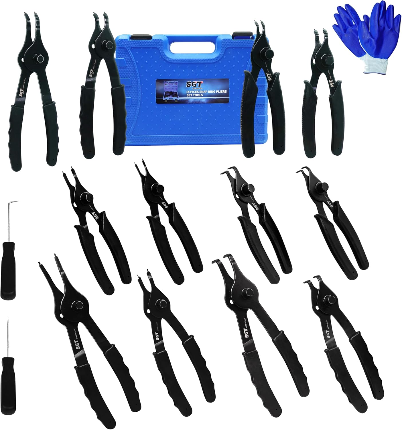 SGT 14pc Snap Ring Pliers Set,Internal & External Circlip Pliers with 45 degree,90 degrees and Straight Pliers, Hook & Pick,Heavy Duty Removal Tool with Storage Case & Gloves