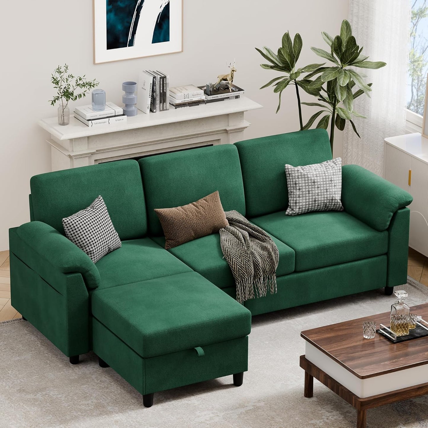 Vongrasig 79" Convertible Sectional Couch Sofa with Storage Ottoman, 3 Seat L Shaped Couch with Side Storage Pockage, Linen Fabric Small Couches for Living Room, Apartment and Small Space, Black