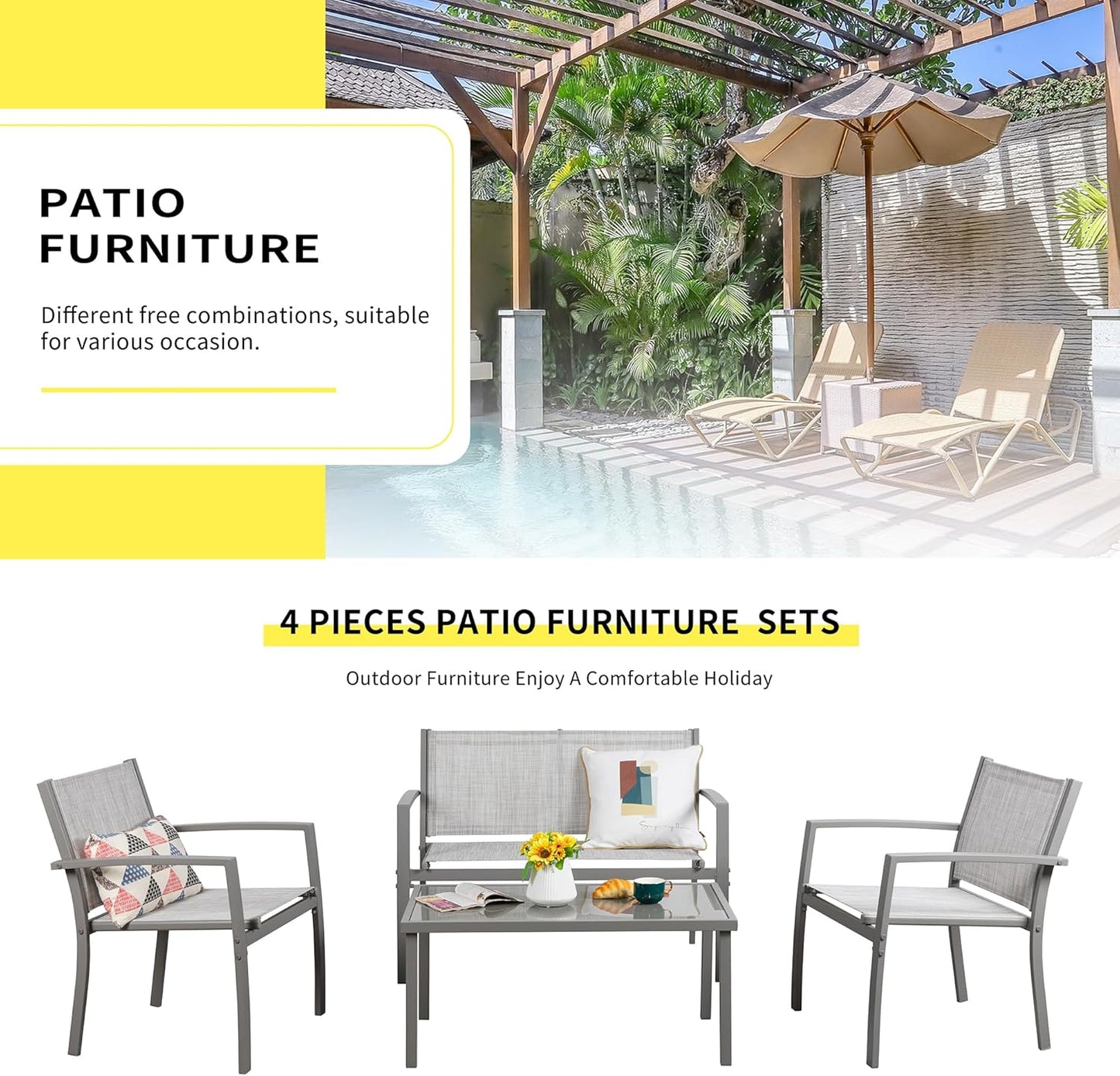 Shintenchi 4 Pieces Patio Furniture Set All Weather Textile Fabric Outdoor Conversation Set, with Glass Coffee Table, Loveseat, 2 Single Chairs for Home, Garden, Lawn, Porch(Silver)