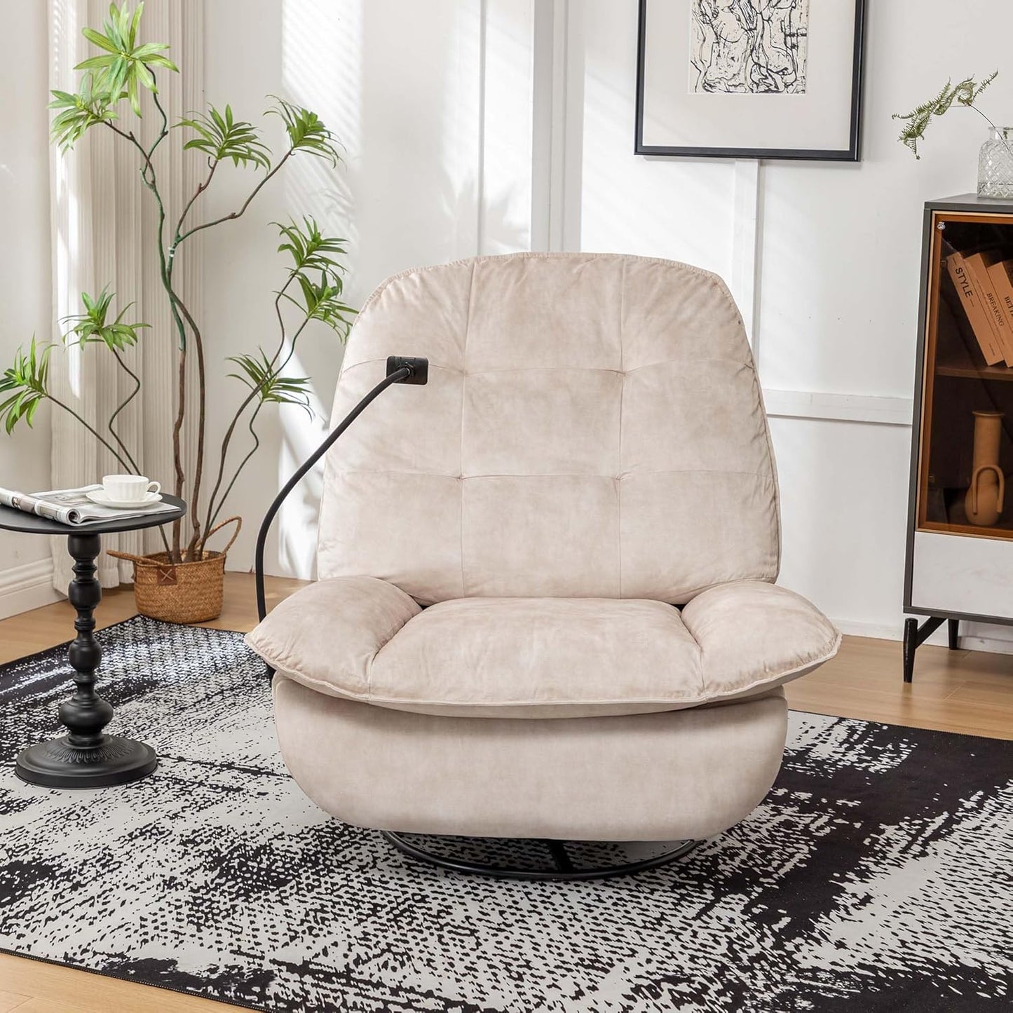 Velvet Oversized Round Chair,Chaise Lounge Indoor with Mobile Phone Holder,Swivel Rocking Chair for Adults Modern Ergonomic Lounge for Living Room (Natural & Light Brown + Velvet + Cotton)