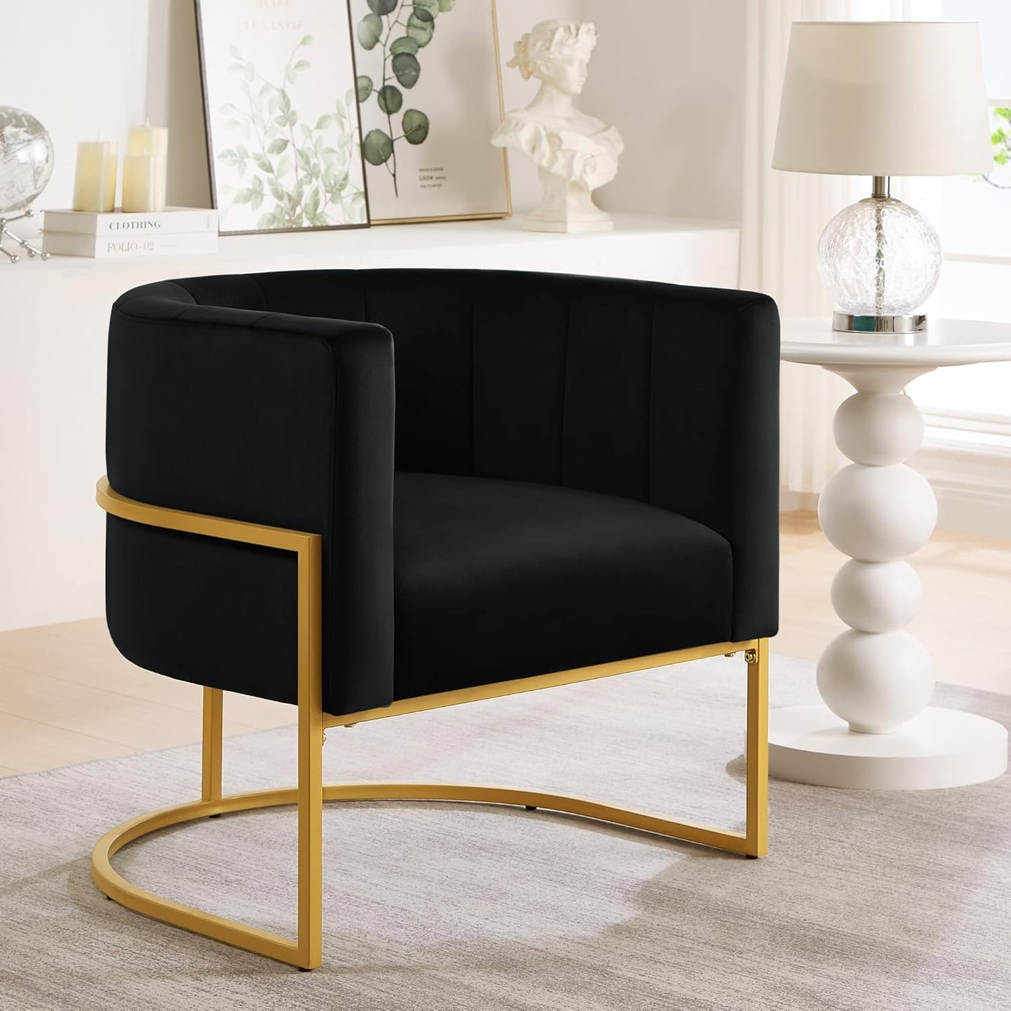 Setawix Velvet Accent Barrel Chairs Set of 2,Upholstered Arm Chairs for Living Room Bedroom,Channel Tufted Club Chair,Mid Century Modern Round Single Sofa Chair with Golden Metal Leg (Black 1 Pair)