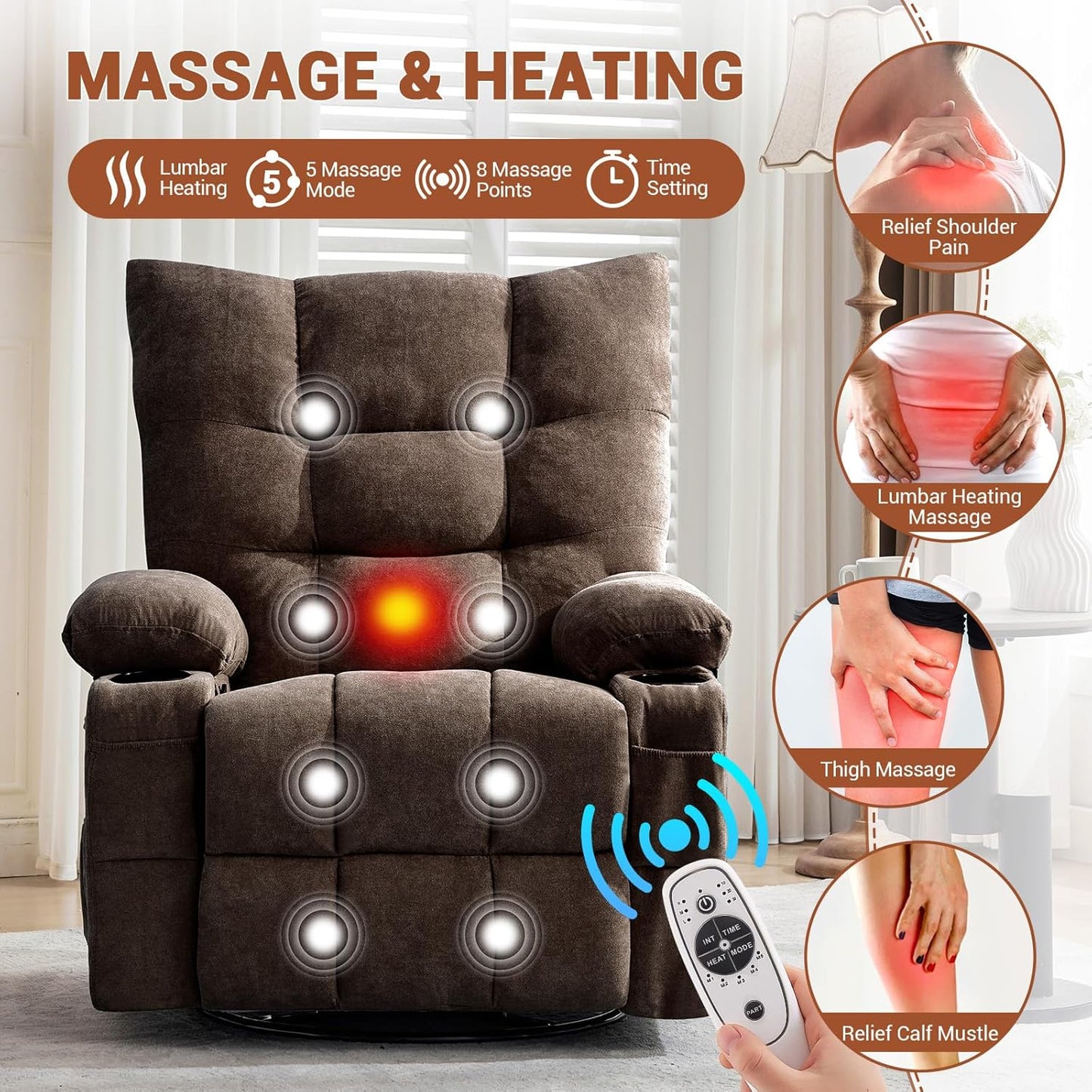 Swivel Rocker Recliner Chair with Heat and Massage,360 Degree Swivel Rocking Single Sofa with Cup Holders, Oversized Single Sofa Seat, Lazy Boy Recliner Chairs for Living Room