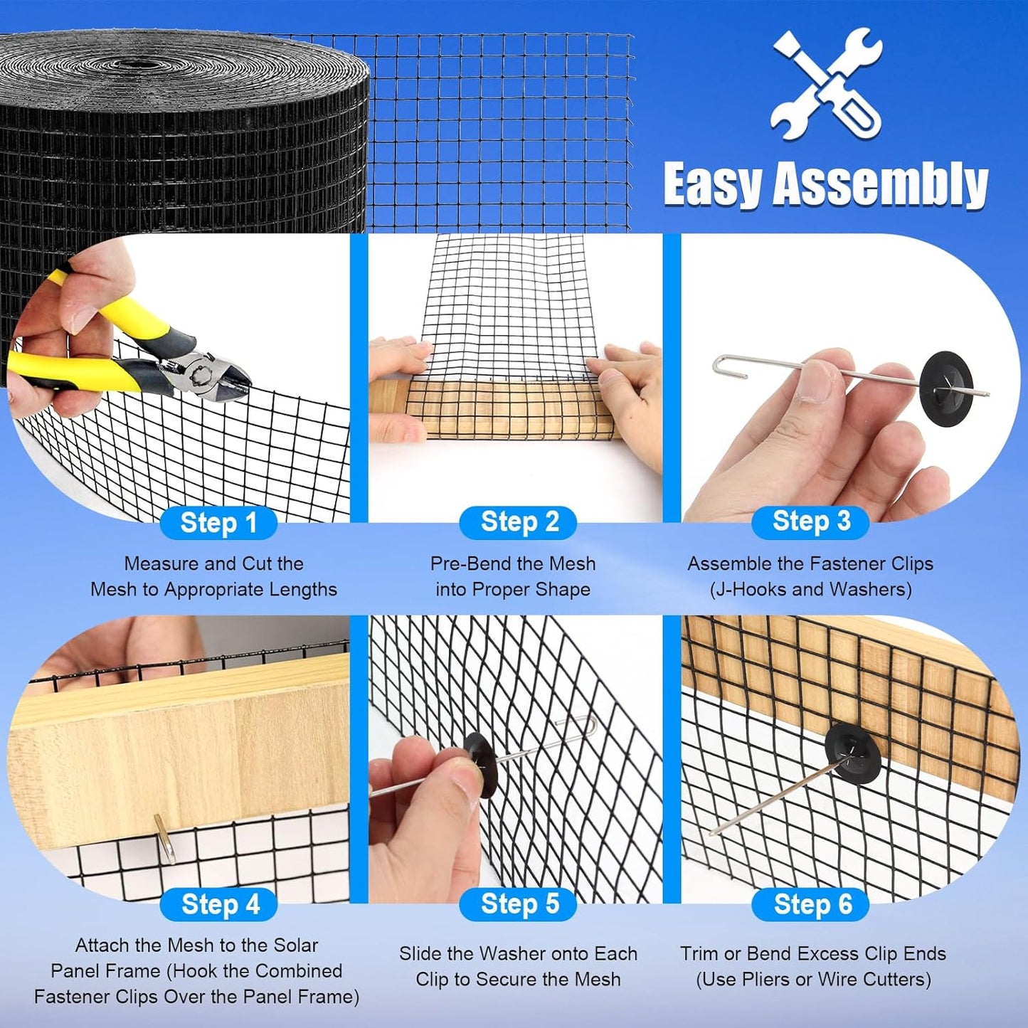 6in X 100ft Solar Panel Bird Guard - 1/2" Black PVC Mesh Galvanized Rust-Resistant Net, Critter Guard for Solar Panels with 70 Fastener Clips, Gloves, Cutting Pliers