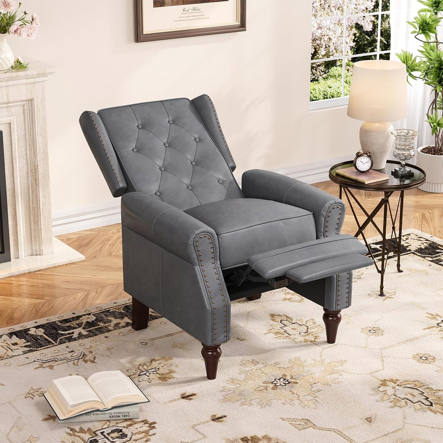 Small Recliner Chair, Modern Faux Leather Living Room Chairs with Tufted Buttons and Metal Rivets, Wingback Recliner with Wooden Legs, Comfy Pushback Arm Chair for Living Room, Bedroom, Matt Brown