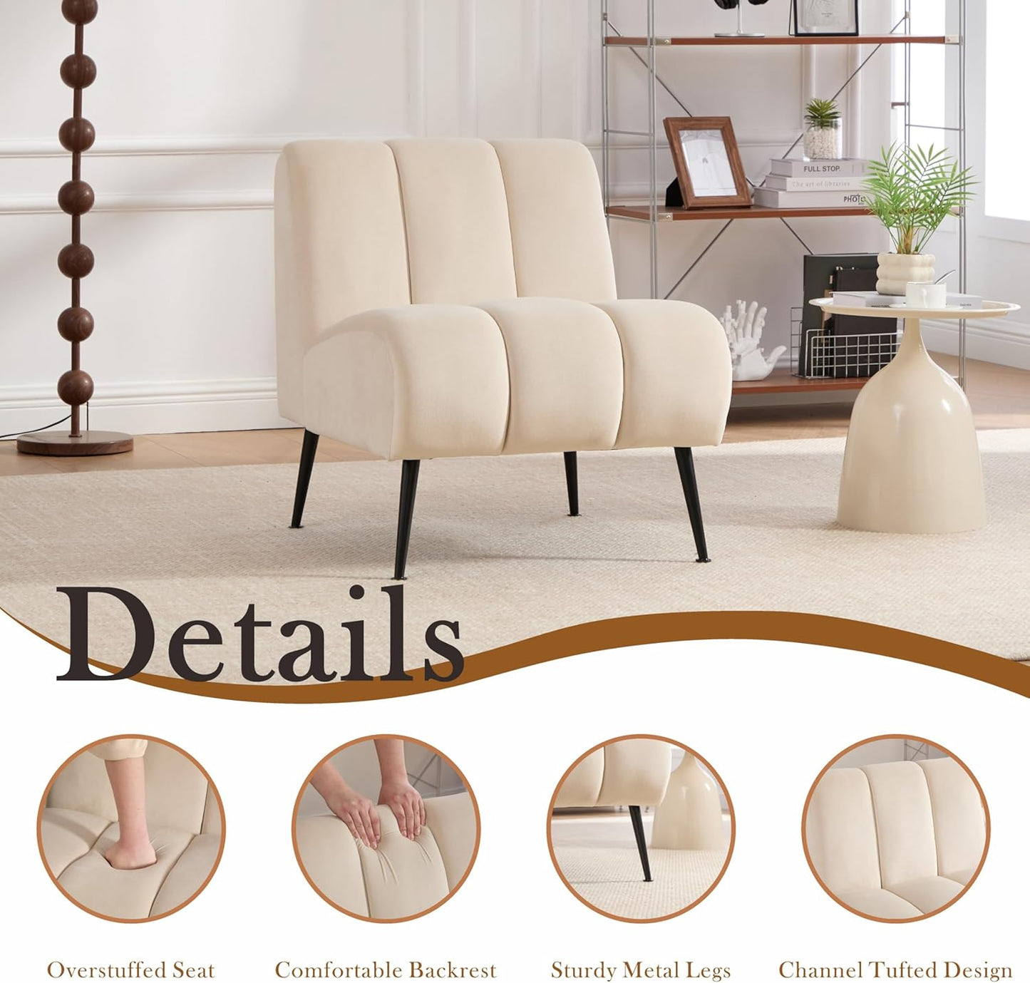 Aoiy & Wifon Velvet Accent Chair Set of 2, Single Living Room Chair with Metal Legs, Armless Reading Chair for Living Room, Beige