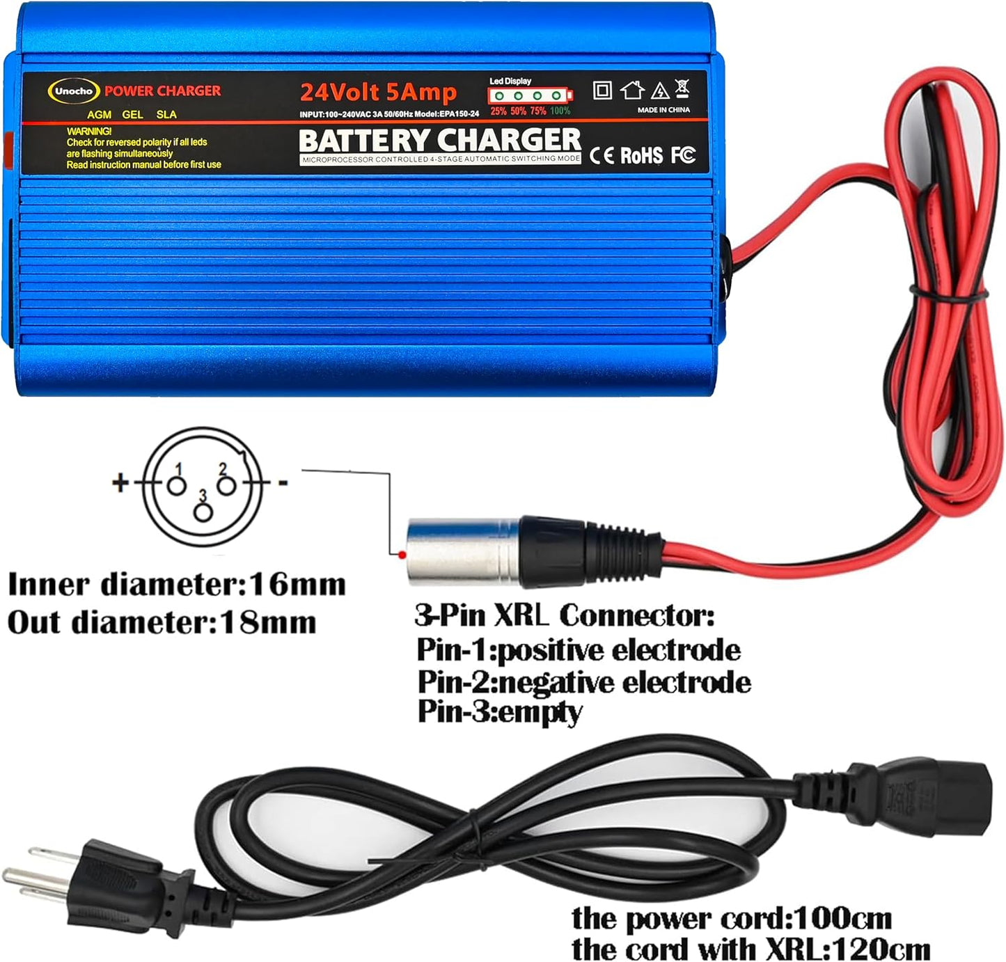 24V Battery Charger Automatic Smart Charger 5A trickle Charger and I/O Switch 3 pin XLR Connector for Charging AGM Gel Lead-Acid Batteries for Cars wheelchairs Boats