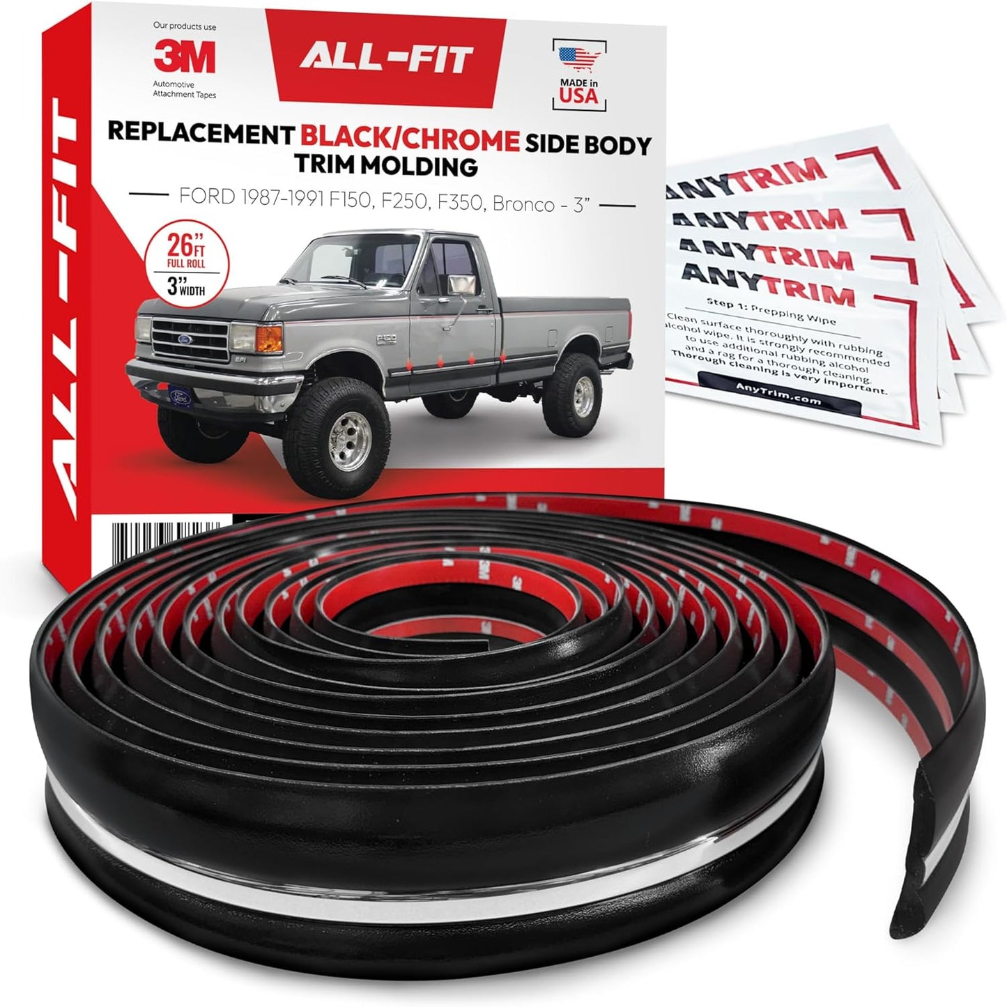 All-Fit Automotive Replacement Old Style Body Side Molding (2") – OEM Grade Black and Chrome Trim Fits 1992–1997 Ford F150, F250, F350 & Bronco OBS – Easy to Install Truck Accessories (26 Ft Roll)