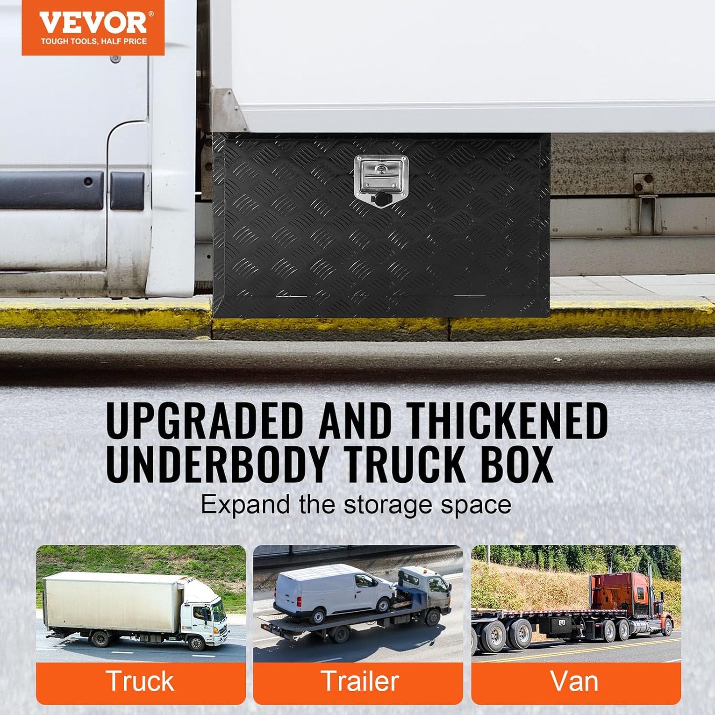 VEVOR Underbody Truck Box, 36" x 14" x 16" Pickup Storage Box, Heavy Duty Aluminum Diamond Plate Tool Box with Lock and Keys, Waterproof Trailer Storage Box with T-Handle Latch for Truck, Van, Trailer