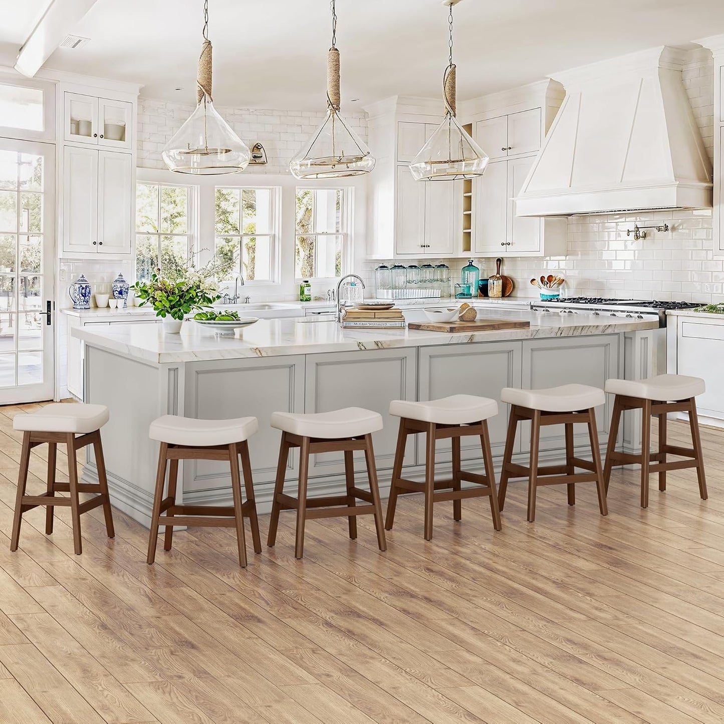 Bar Stools Set of 3, Barstools with Sturdy Wood Legs, Saddle Seat Counter Height Bar Stools for Kitchen Counter, Bar, Dining, 24 Inch Farmhouse Counter Stools, Antique White Leather