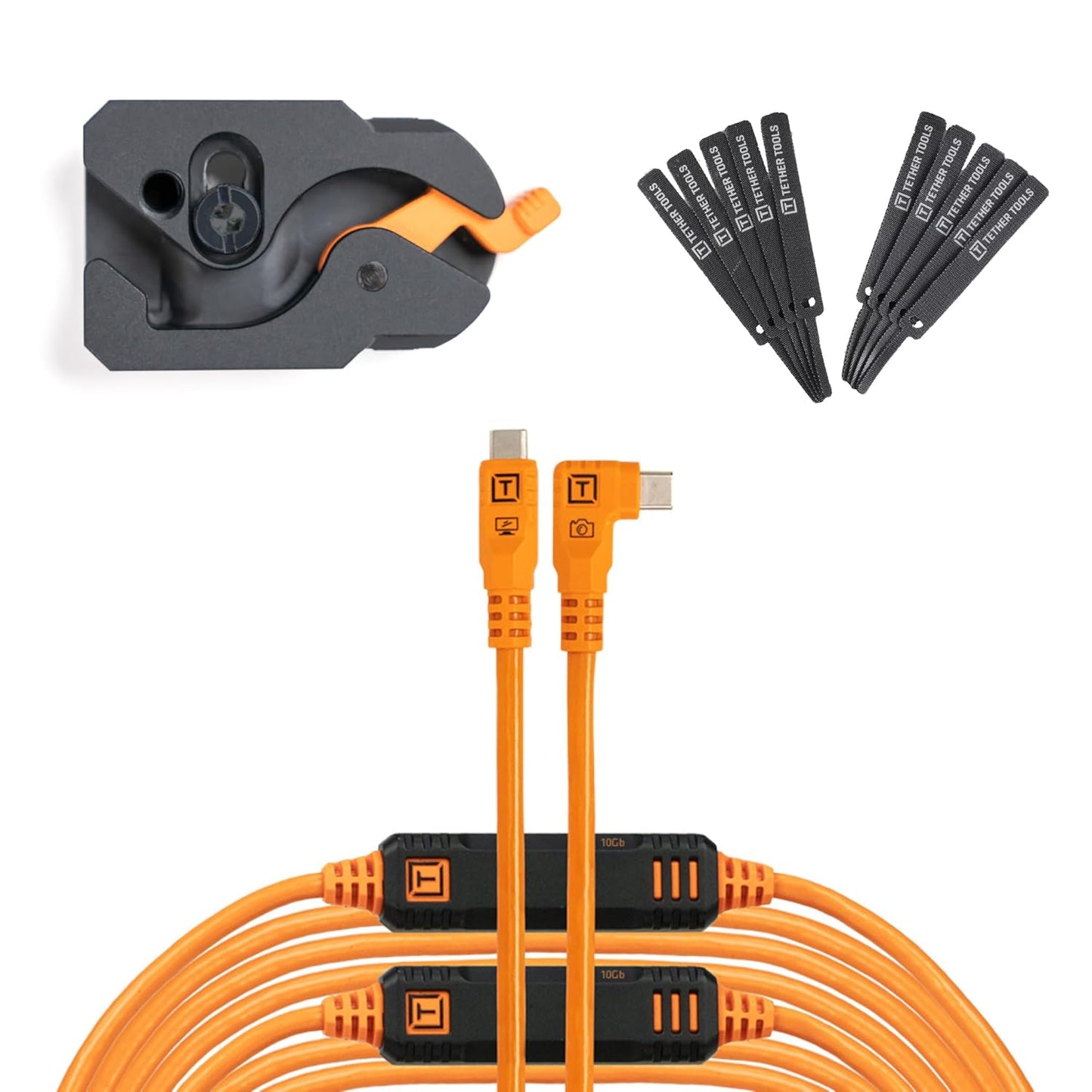 Tether Tools TetherGuard LeverLock Plate Camera Port Protection Tripod Plate for Cable Management & TetherPro Optima 10G High-Speed 31 ft. Straight to Right Angle USB-C to USB-C Cable Orange