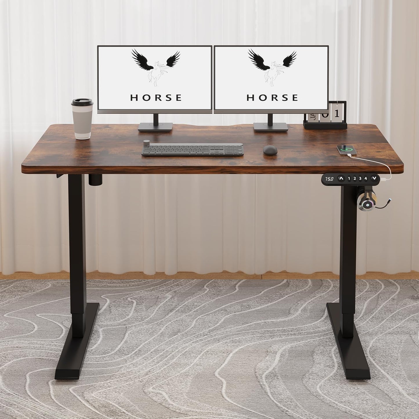 48 X 24 inch Electric Height Adjustable Standing Desk, Computer Table for Home Office Desk with Black Frame & Rustic Brown Top