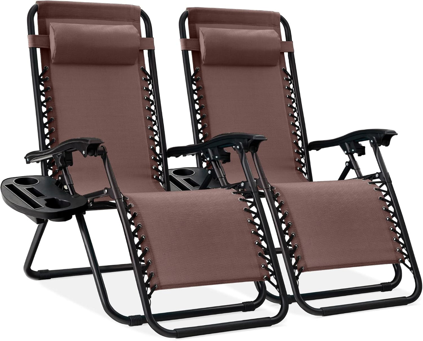 Best Choice Products Set of 2 Adjustable Steel Mesh Zero Gravity Lounge Chair Recliners w/Pillows and Cup Holder Trays - Gray