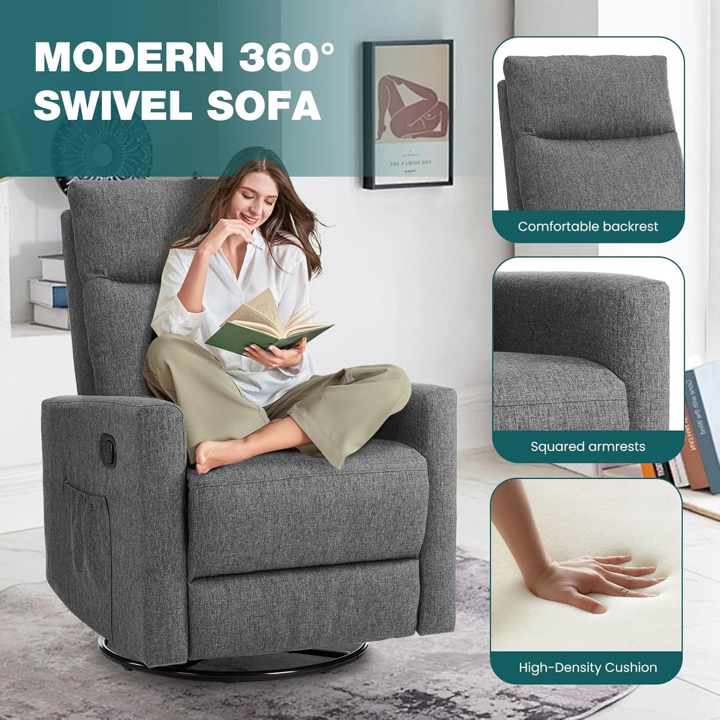 SMUG Swivel Rocking Recliner Chair with Extra Large Footrest High Back, Upholstered Glider Nursery Chair for Living Room, Bedroom & Nursery, Comfortable Deep Seat for Relaxation, Grey