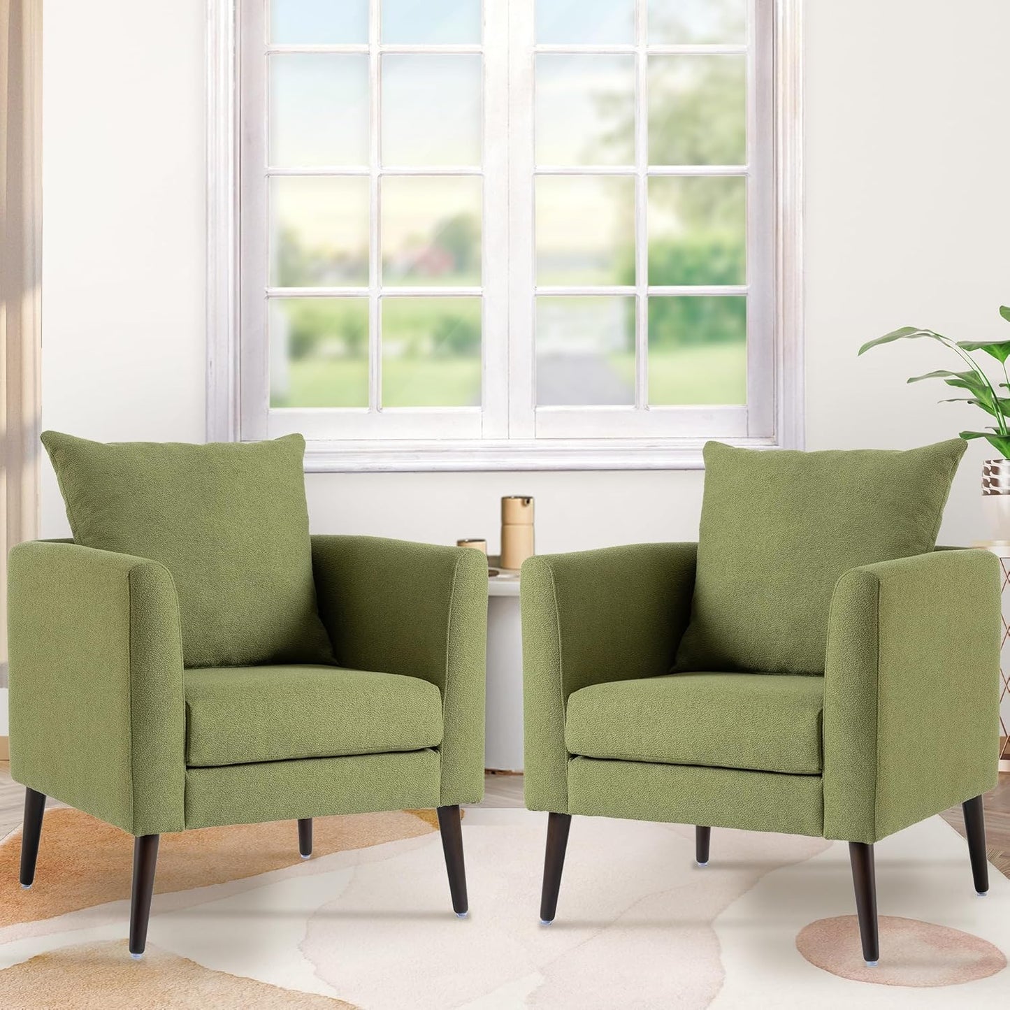 Accent Chair Set of 2, Upholstered Armchair with Pillow, Fabric Single Sofa Chair with Lounge Seat and Wood Legs Accent Chair for Living Room Small Spaces (Grey, Set of 2)