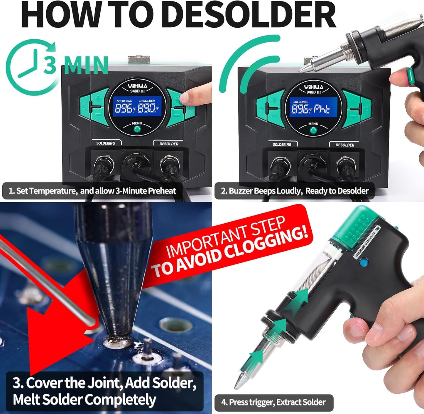 YIHUA 948D III Soldering Iron Desoldering Station Kit with Upgraded Desolder Tool, 110W EVO Solder Iron, Vacuum Pump, 3 Desoldering Nozzles, with Automatic Shutdown, Sleep Mode Functions.