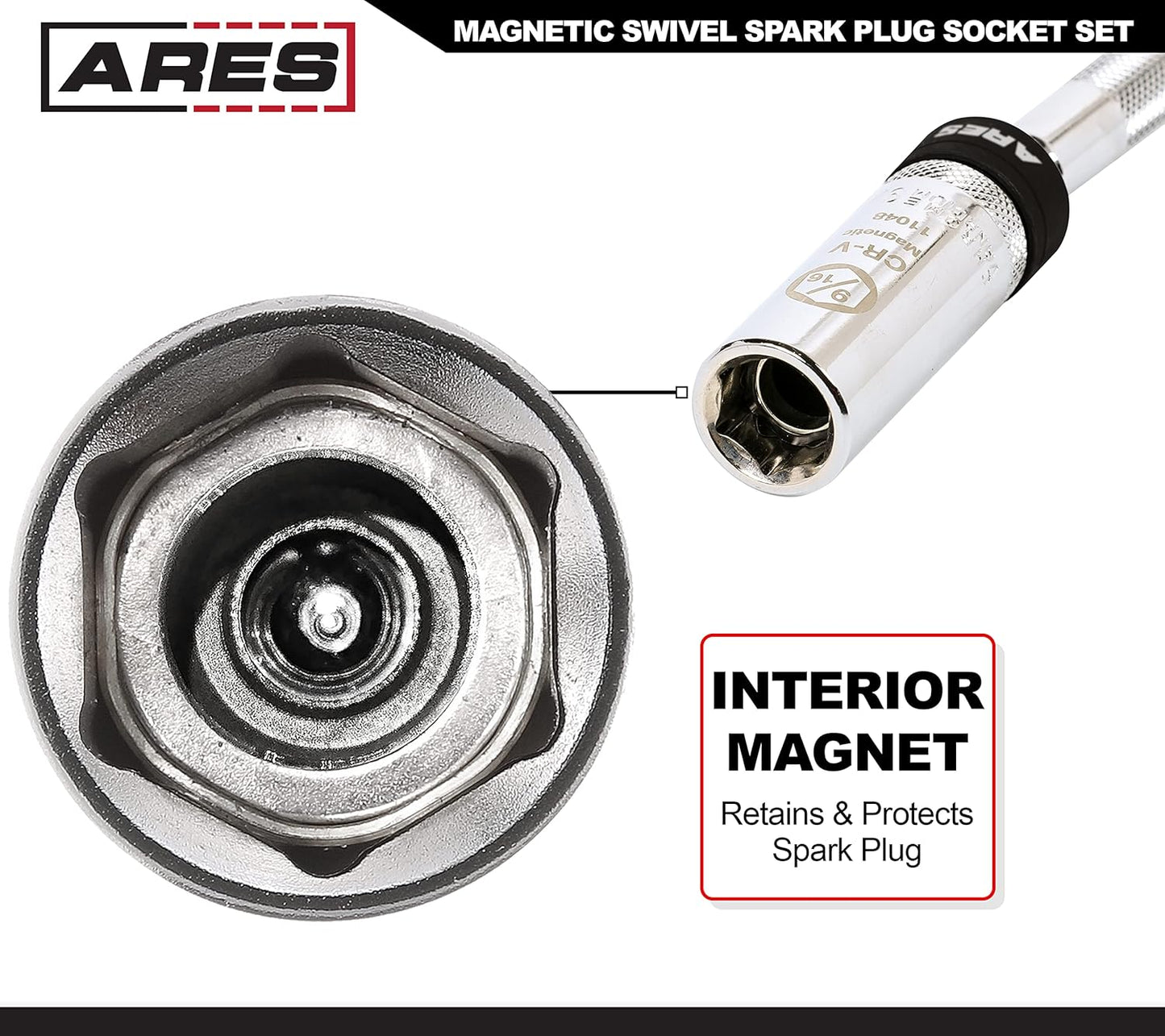 ARES 11052-5-Piece Magnetic Swivel Spark Plug Socket Set - 14mm Thin Wall Socket, 9/16 6-inch Extension Socket, and 5/8 Sockets with 4-, 6-, and 10-inch Extensions – Heavy Duty Retaining Ring