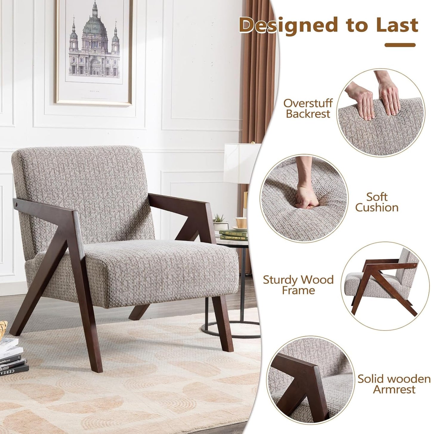 Bonzy Home Mid-Century Modern Accent Chair Set of 2 with Solid Wood Frame, Upholstered Armchair for Bedroom & Living Room,Reading Side Chair with Soft Lien Fabric Cushion,Easy Assembly,Beige