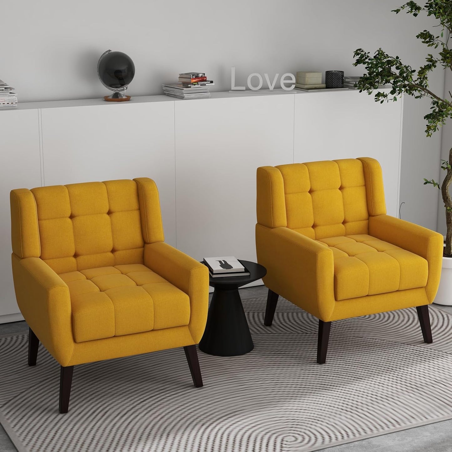Accent Chairs Set of 2, Modern Fabric Upholstered Armchairs for Living Room, Comfy Arm Chairs Tufted Back and Solid Wood Legs for Bedroom Office Room (Light Blue)