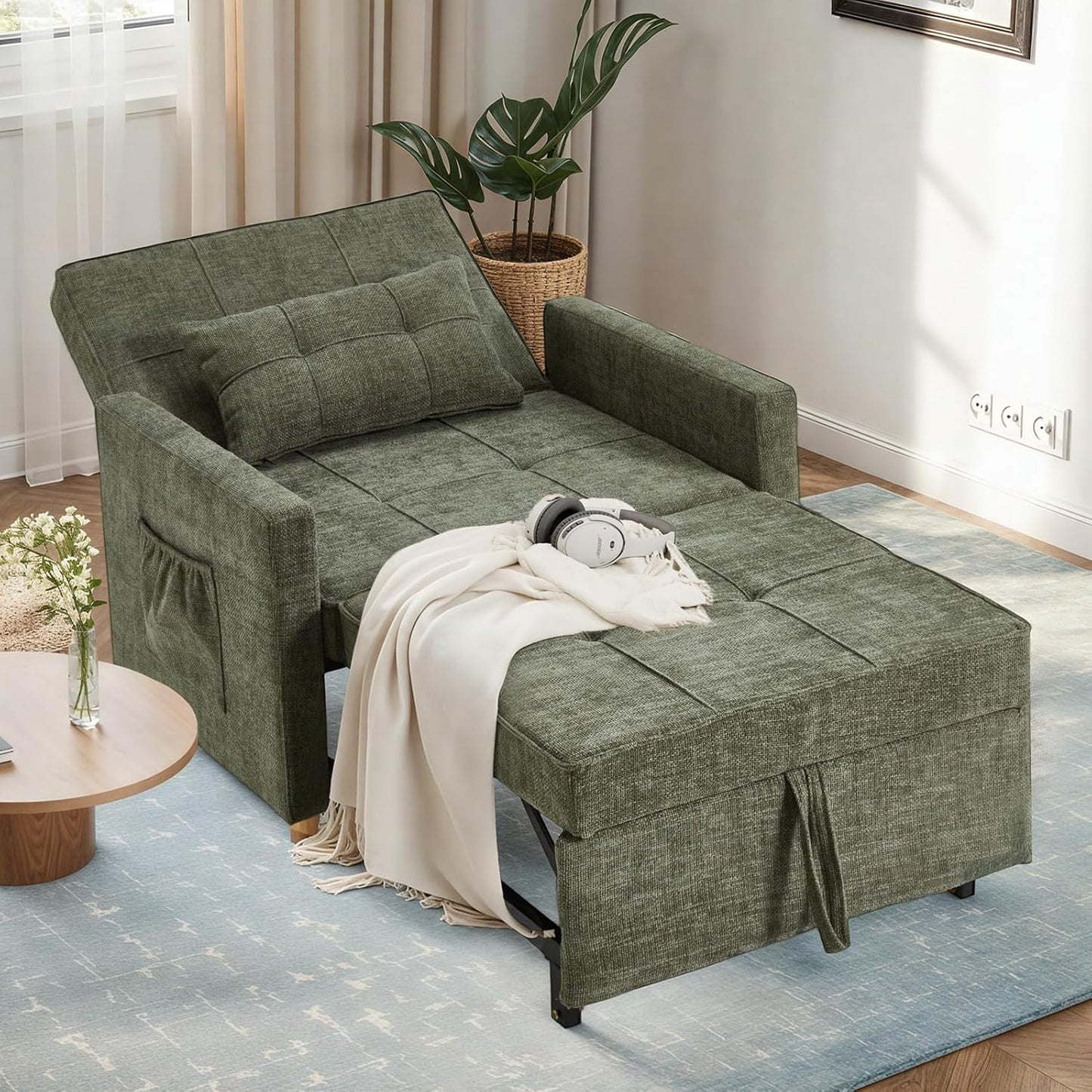 31.5" Sleeper Chair, Convertible Chair Bed for Adults, 3-in-1 Pull Out Sofa Chair with Side Pocket, Pillow and Adjustable Backrest for Small Space, RV, Apartment, Living Room, Dark Grey