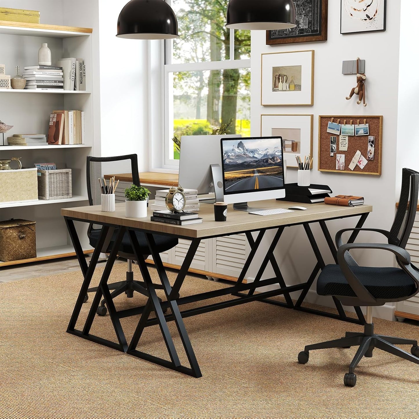 Tangkula 59" Computer Desk, Home Office Desk with Heavy-Duty Metal Frame & Crossbar, Executive PC Workstation, 5 FT Conference Room Table, Rectangular Meeting Table (Grey,1)
