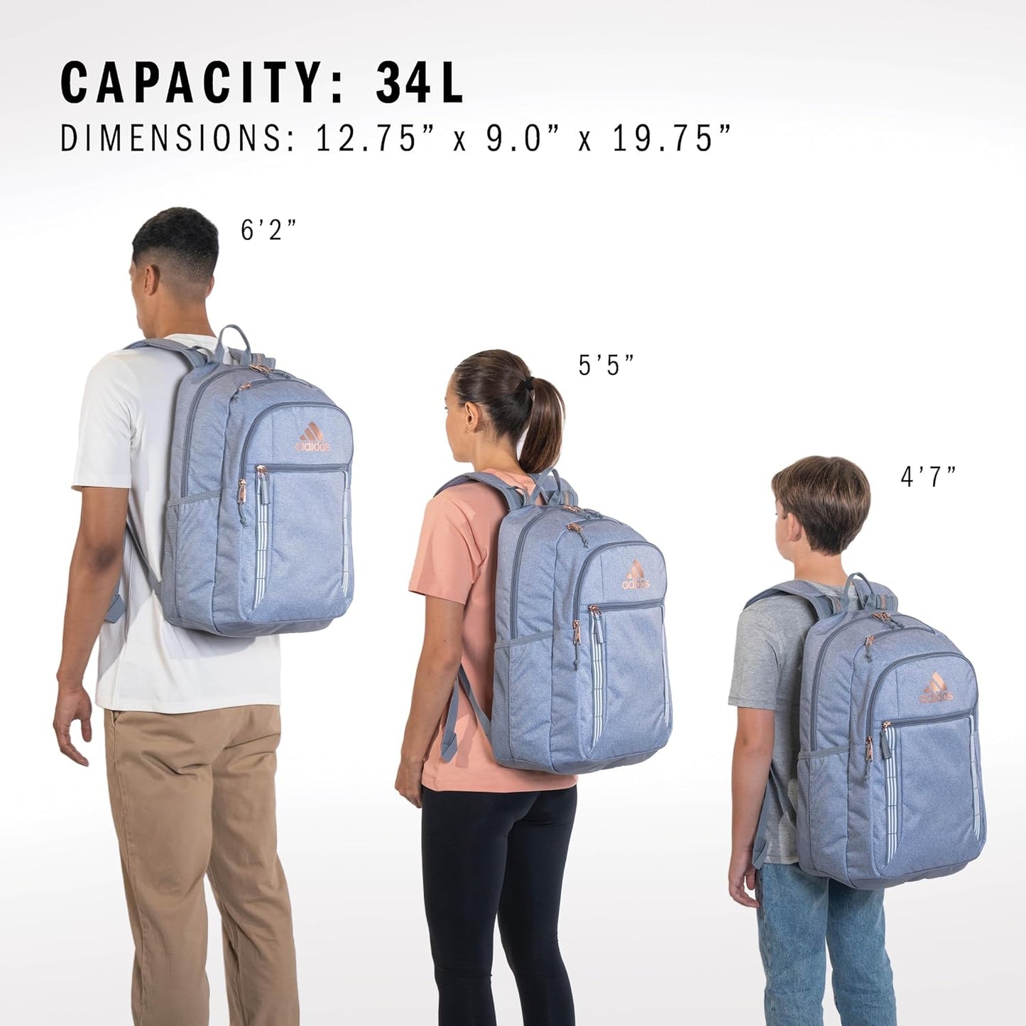adidas Excel Backpack for Men & Women – Durable Large Athletic Laptop Bag, 7.0/Twill Grey/Grey/Rose Gold, OSFA