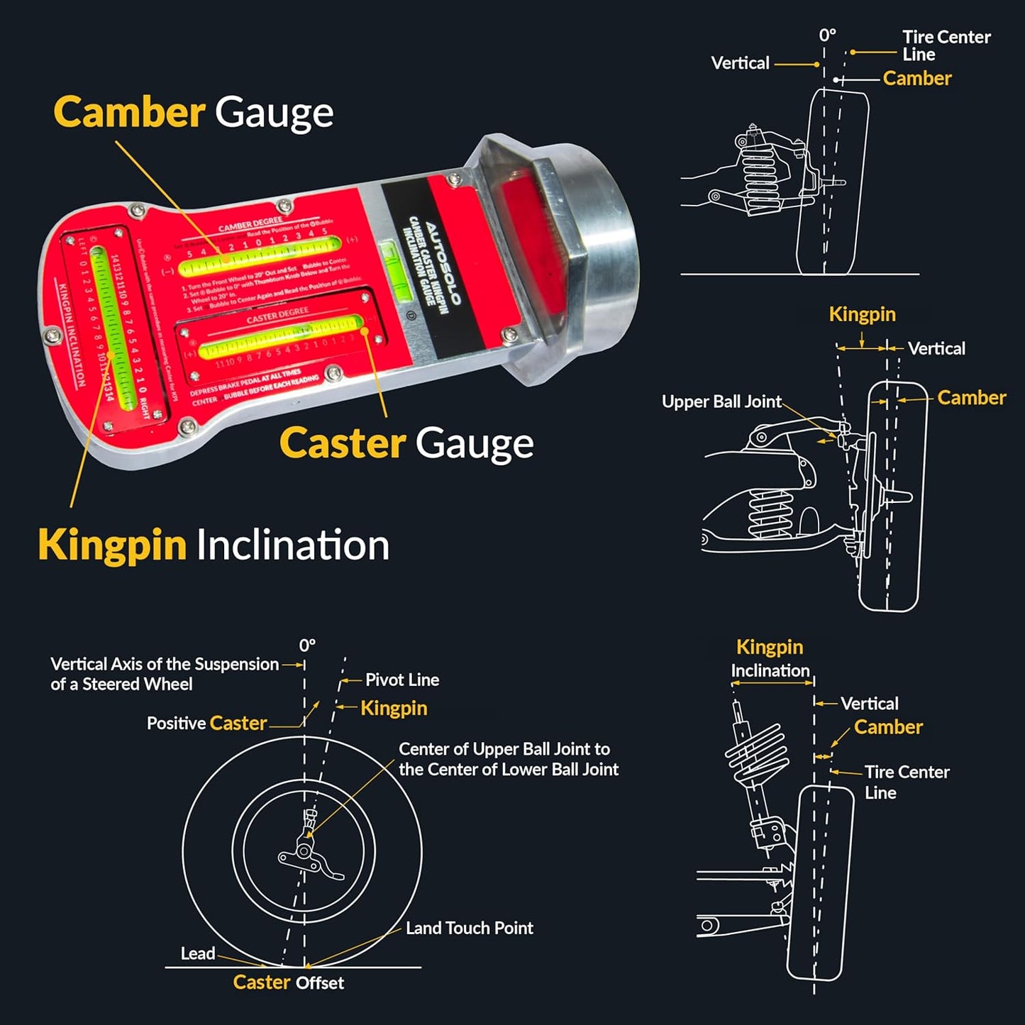 AutoSolo Magnetic Camber Caster Alignment Tool with Kingpin Inclination - Premium Wheel Alignment Tool Kit - Caster Camber Gauge for Your at Home Front End Alignment Tool Kit