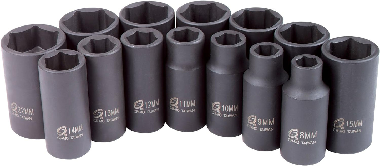 SUNEX TOOLS 3328 SUNEX TOOLS 3328 3/8-Inch Drive Metric Mid-Depth Impact Socket Set, 14-Piece