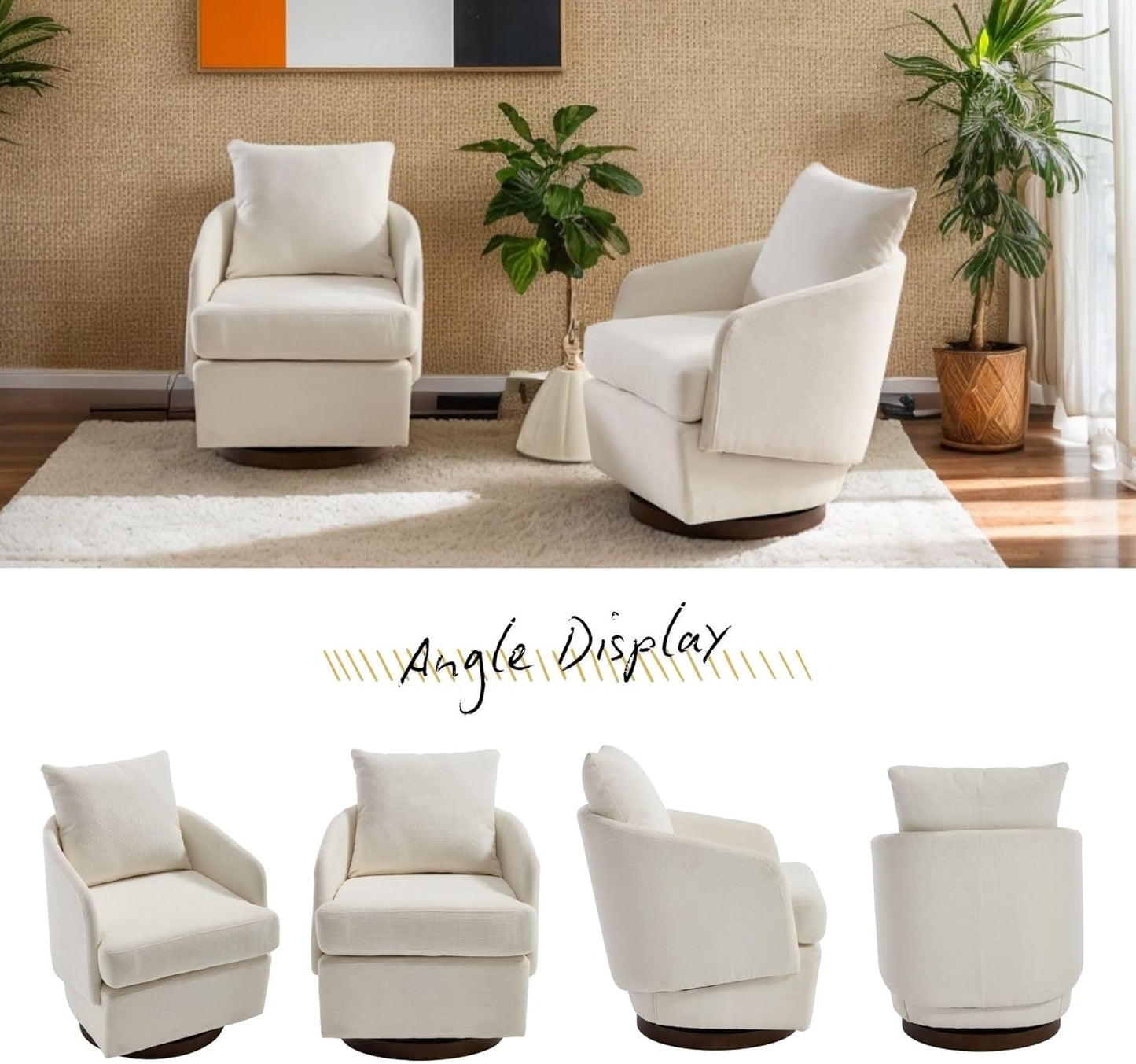 Beige Swivel Accent Chair,Comfy 360-Degree Swivel Barrel Chair with Back Pillow Living Room Bedroom Accent Arm Chairs Small Modern Upholstered Single Office Club Sofa Chair,Chenille