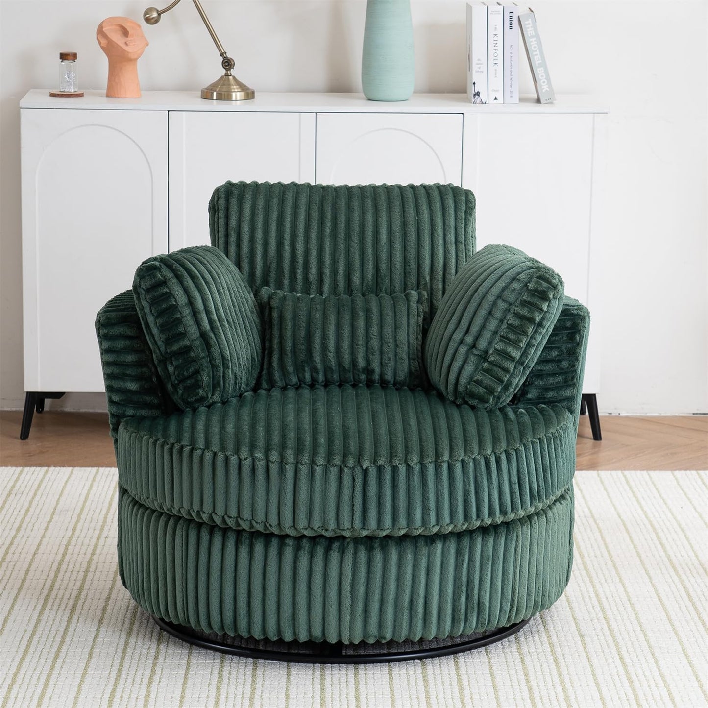 Swivel Barrel Chair with Pillows and Cushions,Corduroy Round Chair with Metal Base for Living Room (White)