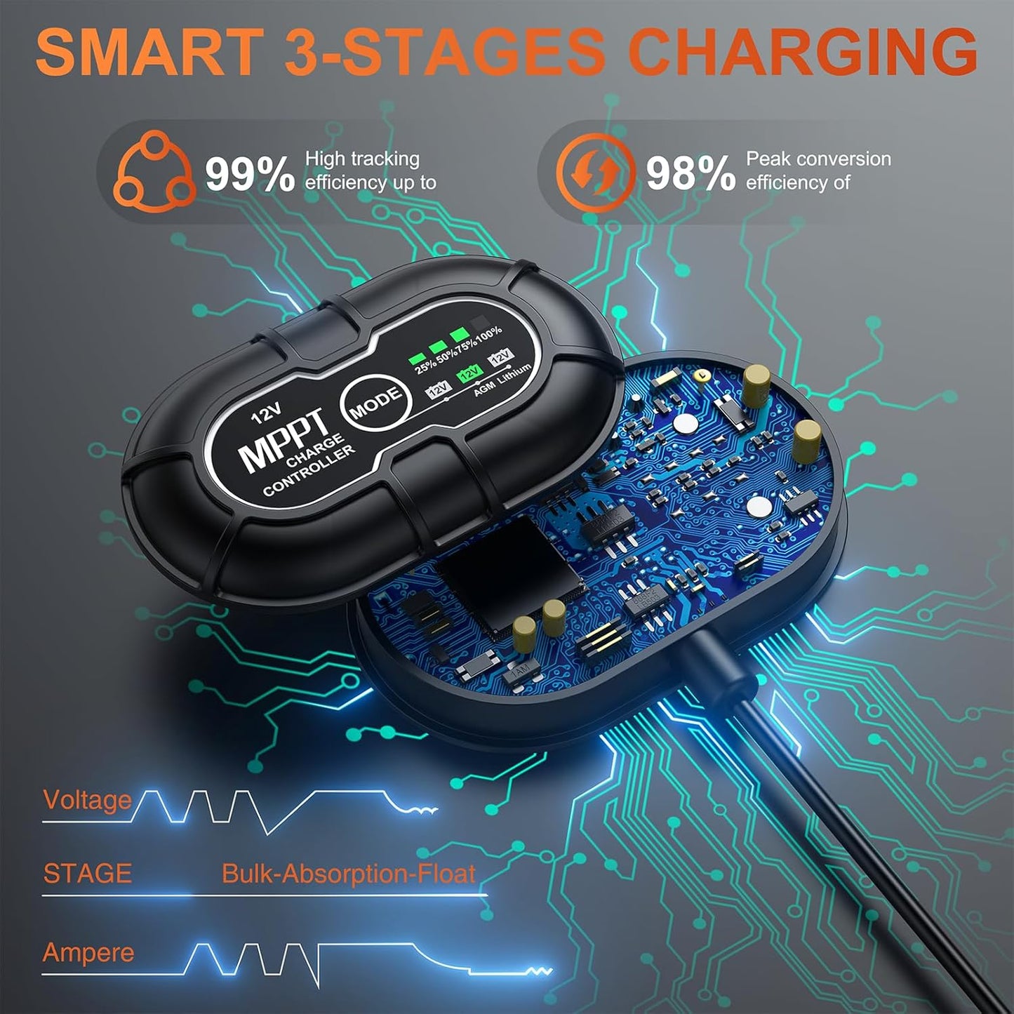 12V Waterproof Solar Battery Trickle Charger & Maintainer - 30 Watts Mono Solar Panel Built-in UltraSmart MPPT Charge Controller + Adjustable Mount Brackets for Pole Dia 1.5-3.0inch/40-80mm