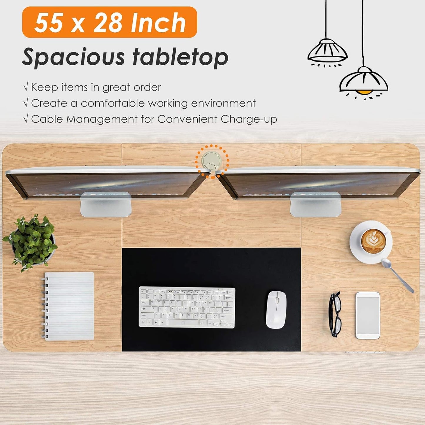 Tangkula 55 x 28 Inches Electric Standing Desk, Height Adjustable Stand Up Desk with Ergonomic Memory Controller, Dual Monitor Standing Desk for Study Room, Home, Office (Natural)