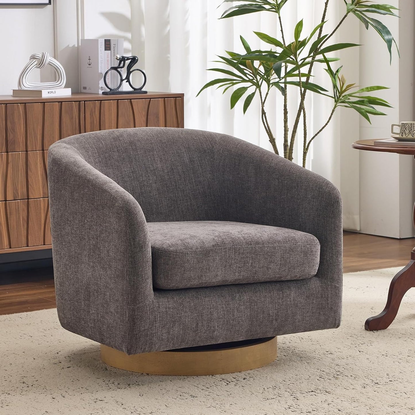 AEDI Swivel Accent Chair with Solid Wood Base, Upholstered Barrel Armchair for Living Room, Modern Small Club Chair,Gray