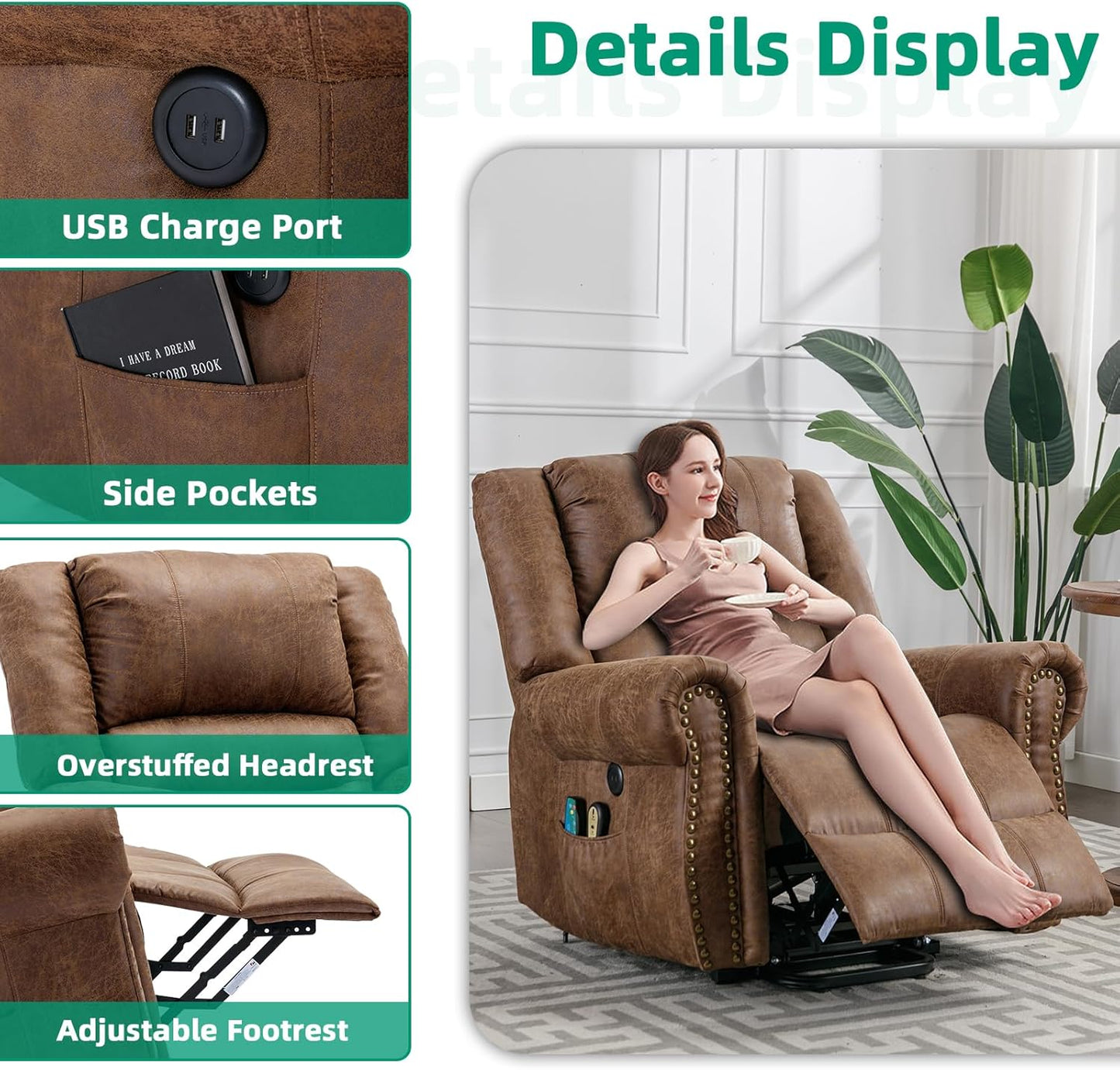VIVIJASON Electric Power Lift Recliner Chair for Elderly, Heated Vibration Recliners Chair Massage Lounge Single Sofa Living Room Chair with 2 Remote Controls, Side Packets & USB Port, Nut Brown