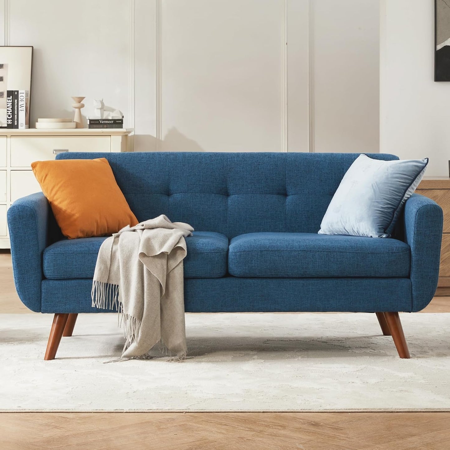 Tbfit 65" W Loveseat Sofa, Mid Century Modern Decor Love Seat Couches for Living Room, Button Tufted Upholstered Small Couch for Bedroom, Solid and Easy to Install Love Seats Furniture, Beige